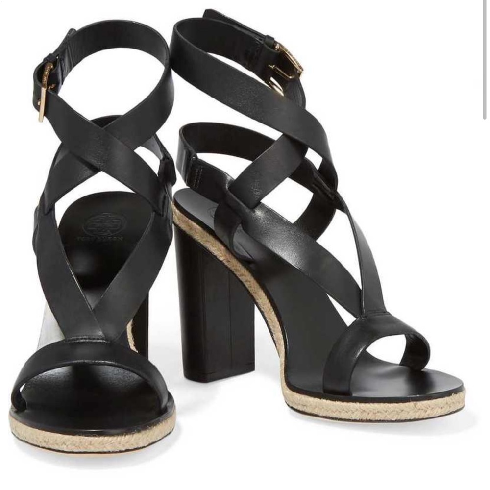 Tory Burch Black Leather Crisscross Strap Block Heel Sandals